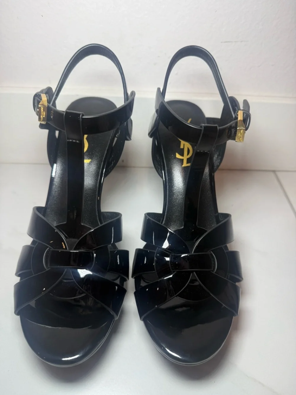 Yves Saint Laurent Black Patent Leather T-Strap Platform Heels with Gold Buckle - Picture 2 of 9